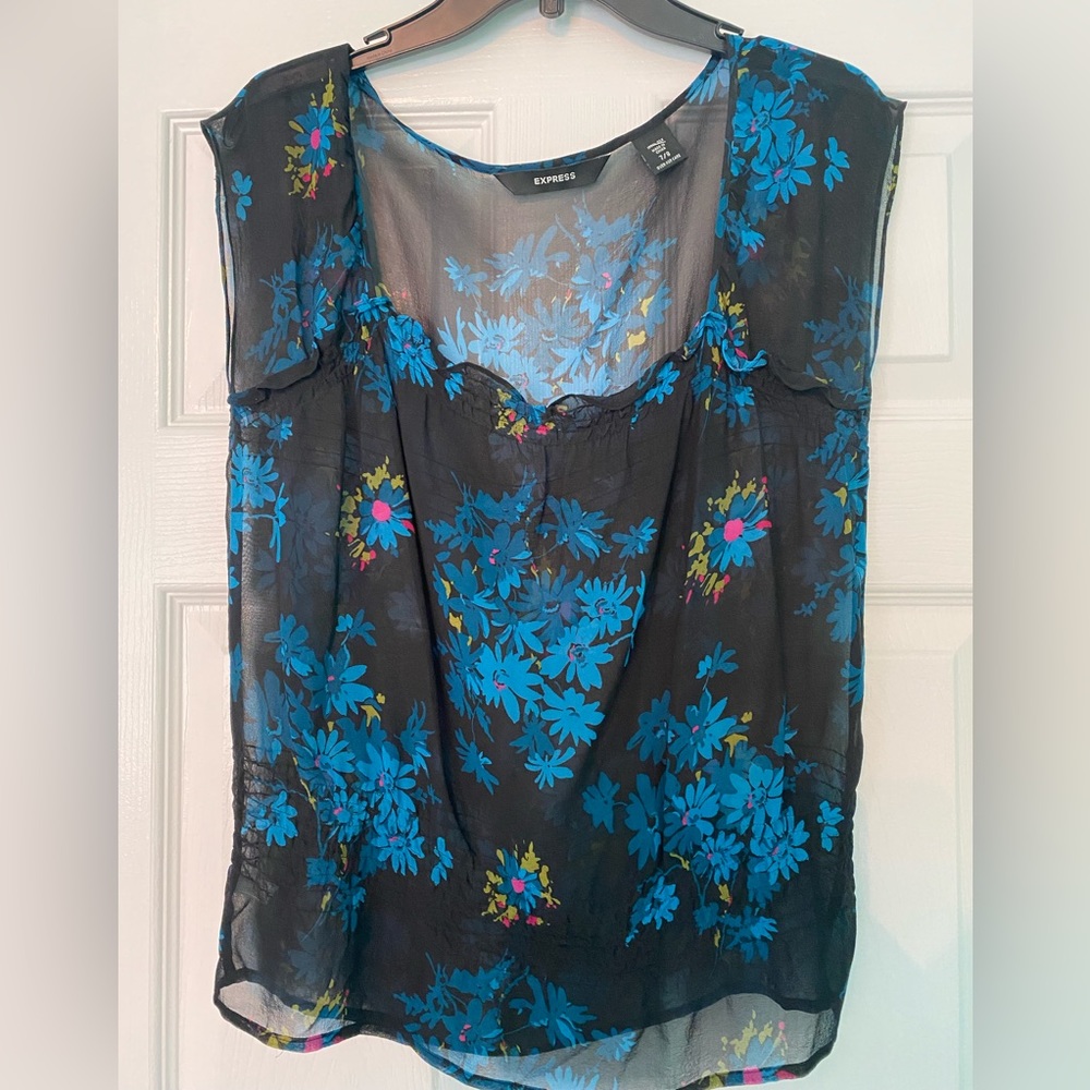 Express Silk Sheer Top Black Blue Pink flowers Size 7/8